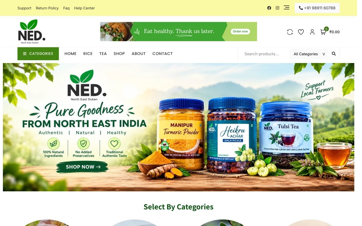 The Nedukan online store home page, selling food products from North East India